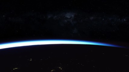 Wall Mural - Planet earth dark side with night lights and bright light horizon around globe view from space. Contains public domain elements by Nasa