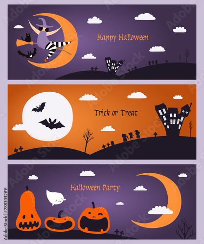 Set of horizontal Halloween banners with pumpkins, flying witch, kids in cost...