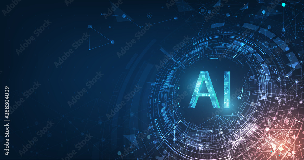 Abstract futuristic digital and technology on dark blue color background. AI(Artificial Intelligence) wording with the circuit design. - obrazy, fototapety, plakaty 