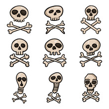 Vector Set Of Cartoon Pirate Symbols. Skull And Crossbones Signs