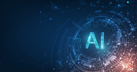 Abstract futuristic digital and technology on dark blue color background. AI(Artificial Intelligence) wording with the circuit design.