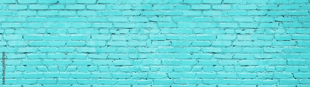 Pastel blue brick wall wide panoramic texture. Bright turquoise painted old brickwork widescreen background - obrazy, fototapety, plakaty 