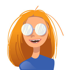 Geek girl face avatar. Student web programmer developer. Young woman in glasses, with red hair smiling. vector illustration
