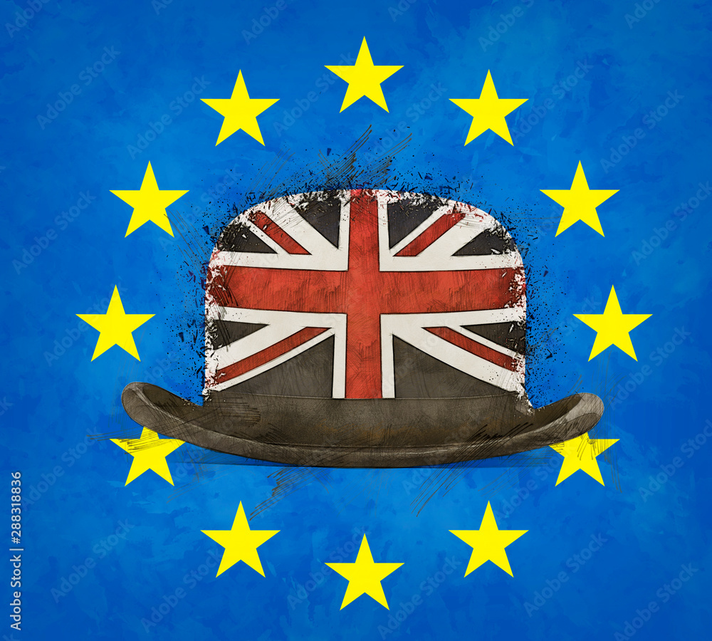 Illustration sketch of a English Bowler hat with the flag of UK - obrazy, fototapety, plakaty 