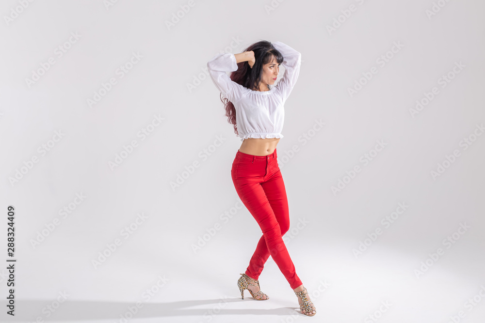 Latino dance, Improvisation, contemporary and vogue dance concept - young beautiful woman dancing on white studio background - obrazy, fototapety, plakaty 