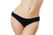 © ladyalex - Template Blank Close up Black Woman Panties isolated on white background. Cropped image. Flat Belly and nutrition concept. Female health. Pain periods and cycle problems. Front view and copy space