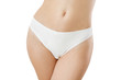 © ladyalex - Blank Template White Women Panties Front view mock up. Woman flat belly and good nutrition. Bikini anderwear with shave line and perfect skin. Cropped image. Body care and healthcare. Spa, copy space