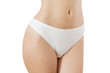 © ladyalex - Blank Template White Women Panties Front view mock up. Woman flat belly and good nutrition. Bikini anderwear with shave line and perfect skin. Cropped image. Body care and healthcare. Spa, copy space