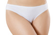 © ladyalex - Front view white panties. Close up Woman in blank template underwear mock up with copy space. Laser Hair Removal and shaving bikini line concept. Beauty summer treatment for female body.