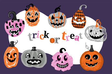 Wall Mural - Halloween holiday banner design with cute jack o lantern pumpkins