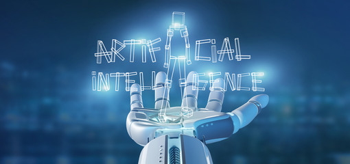 Wall Mural - Cyborg hand holding a Artificial inteligence robot made of light 3d rendering