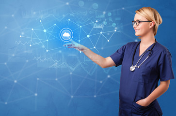 Wall Mural - Doctor touching blue screen with virtual hospital concept