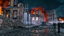Empty Street Of Destroyed After War Old European City With Burning Building Ruins And Debris At Night. With No People Historical Military 3D Illustration From My Own 3D Rendering File.