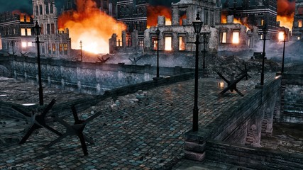 Destroyed after war european city with burning building ruins along riverfront and old stone bridge over river at night. With no people historical military 3D illustration from my own rendering file.
