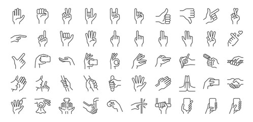 hand gestures line icon set. included icons as fingers interaction, pinky swear, forefinger point, g