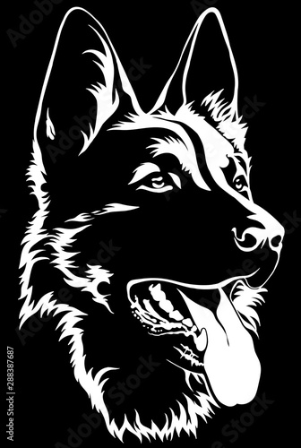 Fotografía Black silhouette of a sitting German Shepherd Black and white