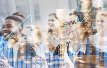 Poster - Multi exposure of digital chart, stacks of coins and business team
