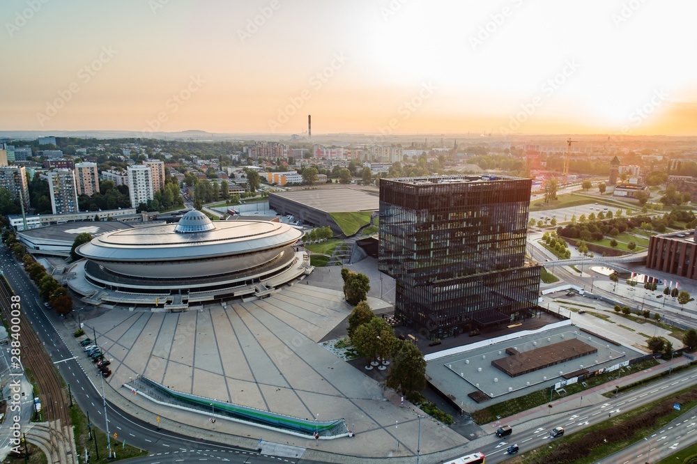 Aerial drone view of Katowice at sunrise. Katowice is the largest city and capital of Silesia voivodeship. - obrazy, fototapety, plakaty 