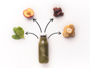 Wall Mural - Green smoothie bottle with flying or falling fruits for detox drink