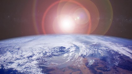 Wall Mural - Flare light sunrise over planet earth horizon view from space. Contains public domain image by Nasa