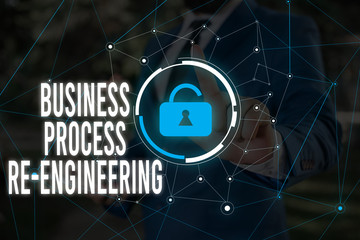 Writing note showing Business Process Re Engineering. Business concept for the analysis and design of workflows Male wear formal work suit presenting presentation smart device