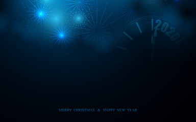 Poster - Merry Christmas and Happy New Year postcard. Abstract colored firework with Retro style clock on blue and black background