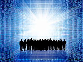 Wall Mural - conceptual technology image of silhouetted group of business people and binary code in abstract ligh