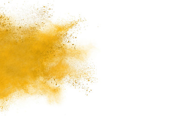 Wall Mural - yellow powder explosion on white background. colored cloud. colorful dust explode. paint holi.