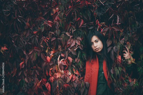 Dreamy Beautiful Girl With Long Natural Black Hair On Autumn Background Of Green Red Grape Hedge