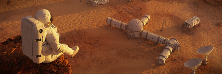 Wall Mural - astronaut on planet Mars, sitting on a cliff above a research station