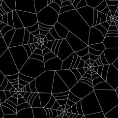 Minimal Halloween Vector Seamless Pattern With White Spider Web on Black Background
