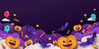 © Tanya Shulga - Halloween background for party invitation, greeting card, web banner or Sales with candies in night clouds, cutest pumpkins, bats, ghosts on violet background. Paper cut style, digital craft style