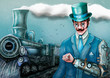 man in steampunk style on the background of a train