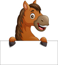 Cartoon Brown Horse With Blank Sign Board. Vector Illustration