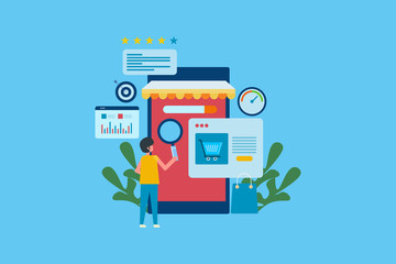 Wall Mural - mobile shopping, seo and digital marketing campaign, mobile ecommerce seo concept, flat design web b