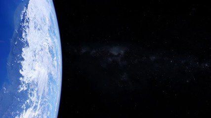 Wall Mural - Earth view from space light blue ocean and clouds on the left and milky way in background. Contains public domain items by Nasa