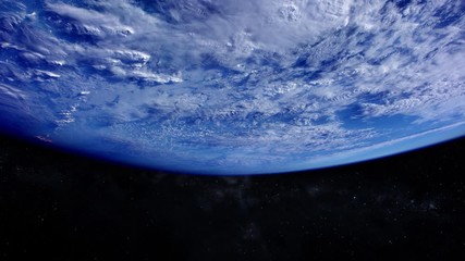 Wall Mural - Earth view from space sun setting dawn dark effect blue ocean and clouds on the top and milky way in background. Contains public domain items by Nasa