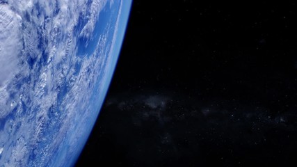 Wall Mural - Earth view from space sun setting dawn dark effect blue ocean and clouds on the left, milky way stars in background. Contains public domain items by Nasa