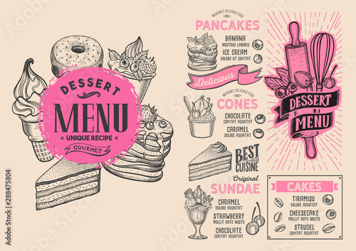 Fotografía Dessert menu food template for restaurant with doodle hand-drawn graphic