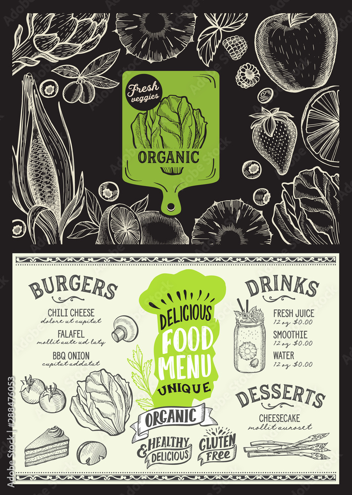 Vegan menu food template for restaurant with doodle hand-drawn graphic ...