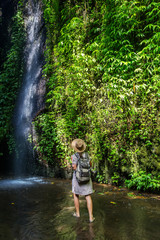 Sticker - Woman near waterfal on Bali, Indonesia 