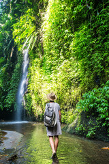 Sticker - Woman near waterfal on Bali, Indonesia 