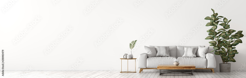 Interior of living room with white sofaand coffee table panorama 3d rendering - obrazy, fototapety, plakaty 