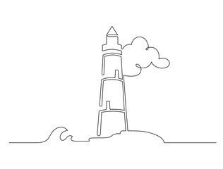 Hand drawn black line lighthouse isolated on white background. Sketch drawing of lighthouse. Continuous one line drawing. Vector illustration