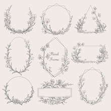 Collection Of Geometric Vector Floral Frames. Round, Oval, Triangle, Square Borders Decorated With Hand Drawn Delicate Flowers, Branches, Leaves, Blossom. Illustration