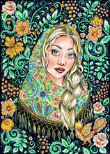 Portrait Of A Beautiful Blond Girl In A Slavic Shawl With The Floral Ornamental Background