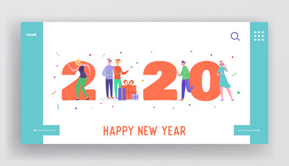 Wall Mural - Winter Holidays Landing Page Template. Merry Christmas and Happy New Year Website Layout with People Characters celebrating 2020. Customized Mobile Web Site Friends Party. Vector illustration