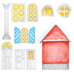 Wall Mural - Cute cartoon bue house, dark wooden windows, doors, christmas decorations constructor on white background. Fantasy illustration. Watercolor elments set Perfect for creating your house design.