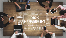 Risk Management And Assessment For Business Investment Concept. Modern Graphic Interface Showing Symbols Of Strategy In Risky Plan Analysis To Control Unpredictable Loss And Build Financial Safety.