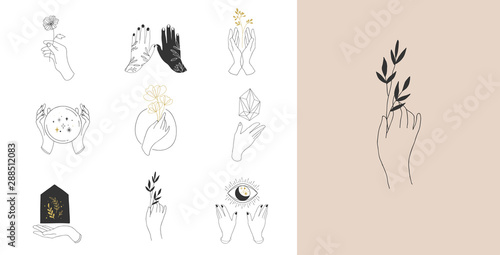 Collection of fine, hand drawn style logos and icons of hands. Fashion, skin ...